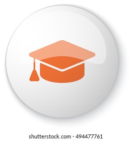 Glossy white web button with orange Graduation Cap icon on white background
