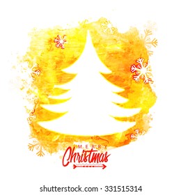 Glossy white Xmas Tree on snowflakes decorated yellow and white background for Merry Christmas celebration. 