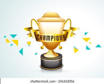 Glossy winning trophy and golden ribbon with text Champions on sky blue background for Cricket.