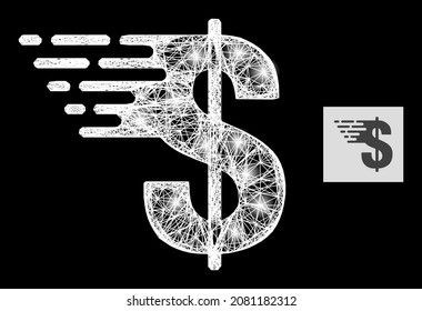 Glossy-Draht-Frame-Dollar mit Lichtpunkten auf schwarzem Hintergrund. Illuminierte Vektorstruktur auf der Grundlage von Dollar-Piktogramm, mit geschlüpften Maschen und Lichtpunkten.