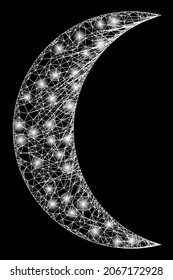 Glossy wire frame moon with light spots. Vector carcass generated from moon icon, and with crossing lines. Glossy carcass polygonal moon on a black background.