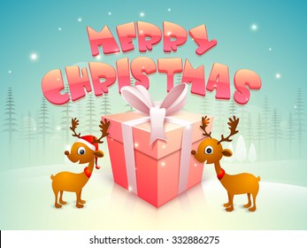 Glossy wrapped gift with pink ribbon and cute reindeers on fir trees decorated background for Merry Christmas celebration.