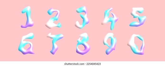 Glossy y2k 3D flux typeface vector set. Iridescent alphabet, holographic numbers and melted letters barbie