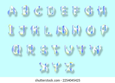 Glossy y2k 3D flux typeface vector set. Iridescent alphabet, holographic numbers and melted letters