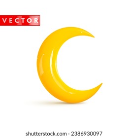 Representación de estilo realista de luna 3d amarillo brillante en luna creciente. Icono amarillo de plástico de dibujos animados luna creciente aislado en fondo blanco. Ilustración del vector
