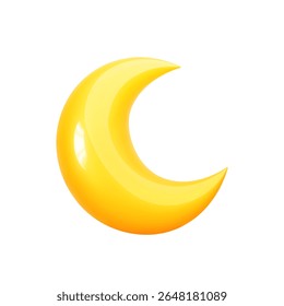 Lua crescente 3d amarela brilhante. Ícone de meia lua isolado em fundo branco. Elemento de design bonito para canção de ninar, sono, insônia, boa noite, previsão do tempo, conceito de sonhos doces. Ilustração vetorial