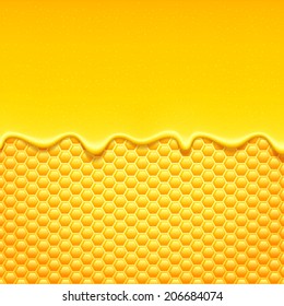 Glossy yellow background with honeycomb and sweet honey drips..