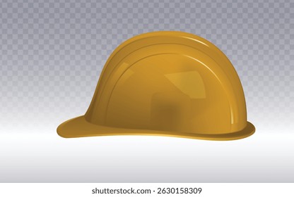 Glossy yellow hard hat with realistic 3D shading, isolated on a transparent background. Perfect for construction safety materials, industrial branding, or workplace training visuals.