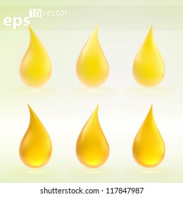 Glossy yellow liquid drops as juice, paint, oil or cosmetic, transparent and opaque in three variations vector eps10 illustration icon emblem clip art