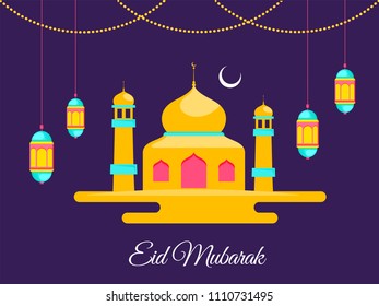 Glossy yellow mosque with crescent moon, hanging lanterns, bunting lights on purple background. Eid Mubarak Concept.