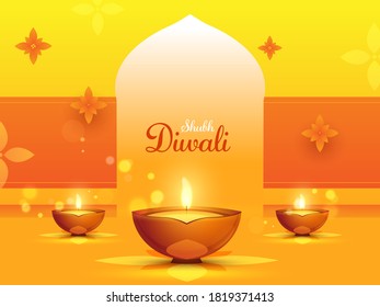 Glossy Yellow and Orange Background Decorated with Flowers and Lit Oil Lamps (Diya) on the Occasion of Shubh (Happy) Diwali.