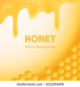 Glossy yellow pattern with honeycomb and sweet honey drips. Sweet background. Honey vector illustration.