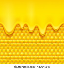 Glossy yellow pattern with honeycomb and sweet honey drips. Sweet background. Seamless horizontal pattern. Honey vector.