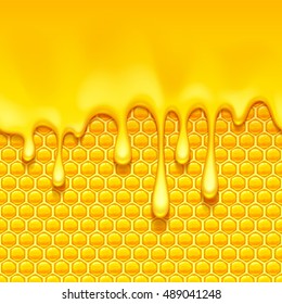 Glossy yellow pattern with honeycomb and sweet honey drips. Sweet background. Seamless horizontal pattern. Honey vector.