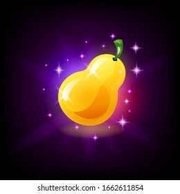 Glossy yellow ripe pear, fruit icon for slot machine, gambling game design element, vector illustration