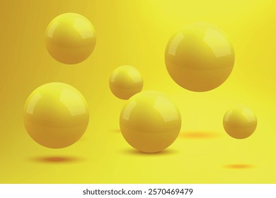 Glossy yellow spheres resting and floating on a vibrant yellow surface, creating a dynamic composition.