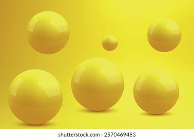 Glossy yellow spheres resting and floating on a vibrant yellow surface, creating a dynamic composition.