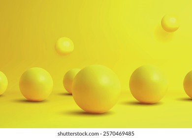 Glossy yellow spheres resting and floating on a vibrant yellow surface, creating a dynamic composition.