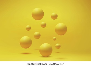 Glossy yellow spheres resting and floating on a vibrant yellow surface, creating a dynamic composition.