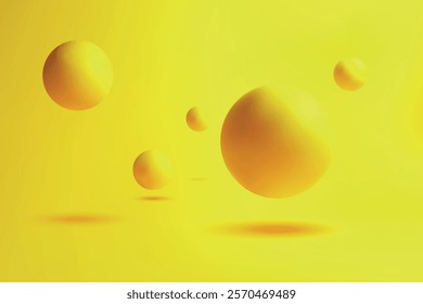 Glossy yellow spheres resting and floating on a vibrant yellow surface, creating a dynamic composition.