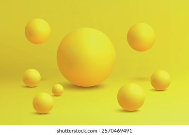 Glossy yellow spheres resting and floating on a vibrant yellow surface, creating a dynamic composition.