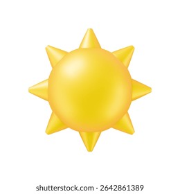 Glossy yellow sun icon with pointed rays in a soft 3D render style isolated on white background. Vector illustration sun object for summer mobile apps, weather forecasts or promotional sale materials