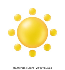Glossy yellow sun sphere ball icon with circle sunbeam in realistic 3d render soft style isolated on white. Vector sun summer object for weather mobile UI app, web design button, sale banner or poster