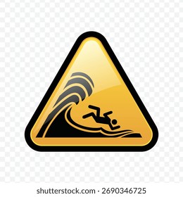 Glossy yellow triangle sign indicating danger from high waves, strong surf, or rogue waves