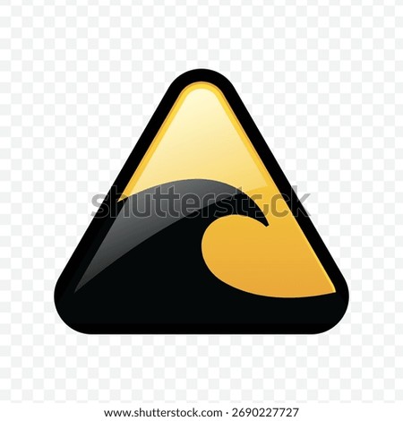 Glossy yellow triangle sign indicating a hazard from a large wave, surge, or tsunami danger.