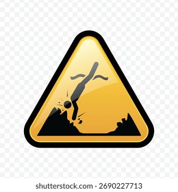 Señal de advertencia de triángulo amarillo brillante que indica un borde de acantilado peligroso o peligro de caída.
