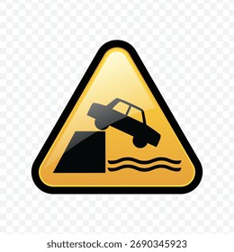 Glossy yellow triangle warning sign indicating a sudden drop where vehicles may fall into water.