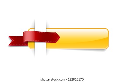 Glossy yellow vector promo banner decorated with red ribbon tag