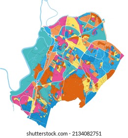 Gloucester, South West England, England colorful high resolution vector art map with city boundaries. White outlines for main roads. Many details. Blue shapes for water. 