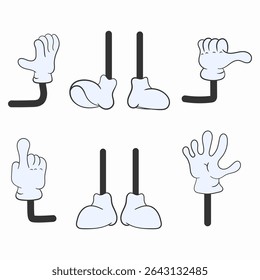 Glove and arm pose with comic emotion animation language cartoon illustration vintage character mascot thumb up funny signal touch feet boot various elements of movement and fun