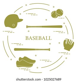 Glove, balls, baseball bats, baseball helmet, shoes. Baseball equipment. Sports elements.