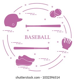Glove, balls, baseball bats, baseball helmet, shoes. Baseball equipment. Sports elements.