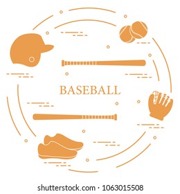 Glove, balls, baseball bats, baseball helmet, shoes. Baseball equipment. Sports elements.