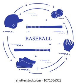 Glove, balls, baseball bats, baseball helmet, shoes. Baseball equipment. Sports elements.
