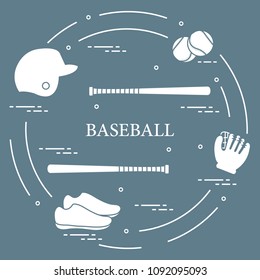 Glove, balls, baseball bats, baseball helmet, shoes. Baseball equipment. Sports elements.