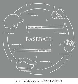 Glove, balls, baseball bats, baseball helmet, shoes. Baseball equipment. Sports elements.