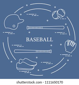 Glove, balls, baseball bats, baseball helmet, shoes. Baseball equipment. Sports elements.