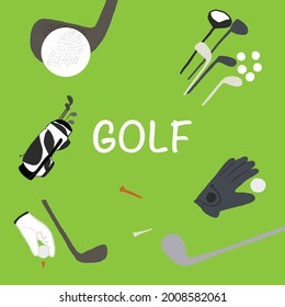 Glove, Balls, Putter, Iron Wage And Golf-club Driver, Golf Gear And Equipment On Flat Lay Top View. Copy Space On Right Side. Vector Illustration