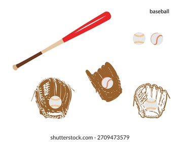 Guante, bate de béisbol y Ilustración vectorial de béisbol