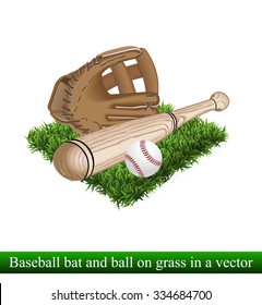 
glove bat and ball for a baseball on grass vector