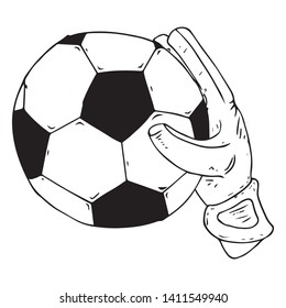 Glove goalkeeper icon. Vector illustration of goalkeeper glove with ball. Hand drawn goalkeeper glove with a soccer ball.