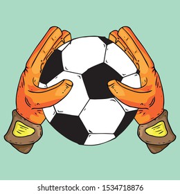 Glove goalkeeper icon. Vector illustration of goalkeeper glove with ball. Hand drawn goalkeeper glove with a soccer ball.