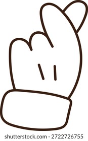 Glove hand with cuff making crossed fingers gesture in clean line art contour. Symbol of luck, hope, wish, optimism, and good fortune. Cartoon vector illustration.