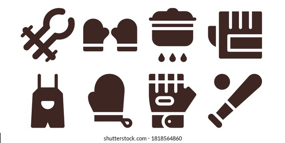 glove icon set. 8 filled glove icons.  Simple modern icons such as: Overall, Tongs, Gloves, Mitten, Glove, Cooking, Baseball