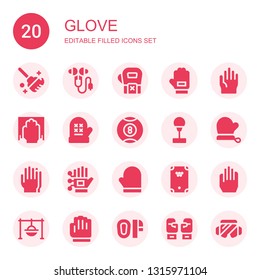 glove icon set. Collection of 20 filled glove icons included Clean, Ear protection, Gloves, Glove, Cleaning, Mitten, Billiard, Punching ball, Wired gloves, Cooking, Mittens, Boxing gloves