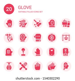 glove icon set. Collection of 20 filled glove icons included Glove, Wired gloves, Clean, Gloves, Ear protection, Boxing gloves, Billiard, Cooking, Mitten, Punching ball, Boxing